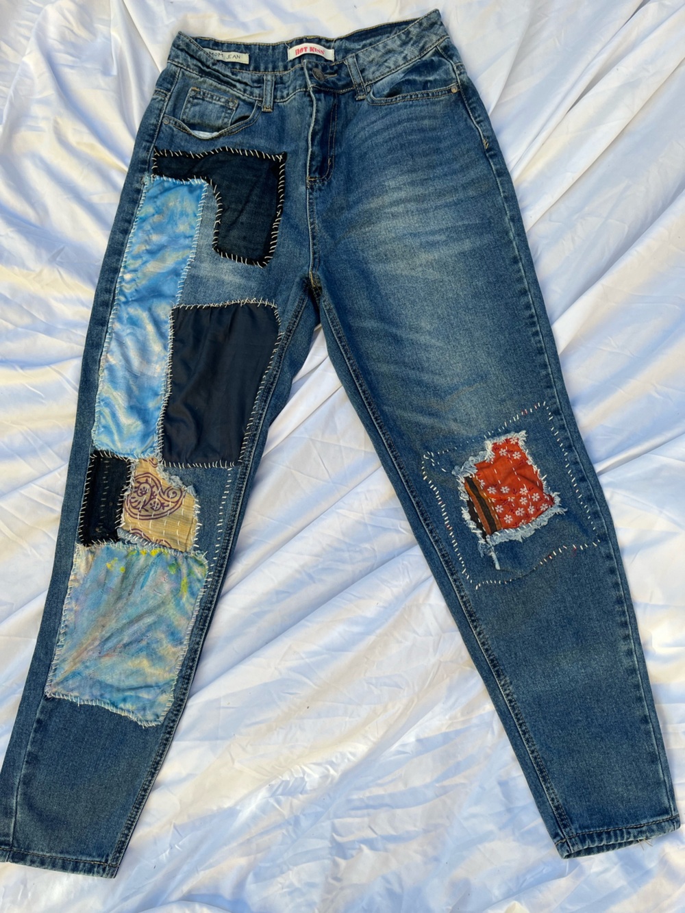 Upcycled patchwork mom jeans boho festival one of a kind